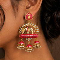 Shagna Graceful Kundan Stone And Beads Meenakari Jhumki Earrings