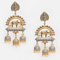 Shagna Graceful Kundan Stone And Beads Meenakari Jhumki Earrings