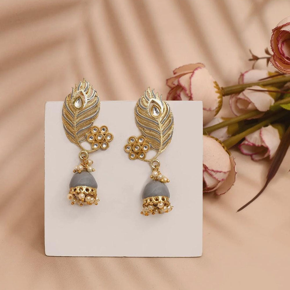 Shagna Graceful Kundan Stone And Beads Meenakari Jhumki Earrings