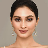 Shagna Graceful Kundan Stone And Beads Meenakari Jhumki Earrings