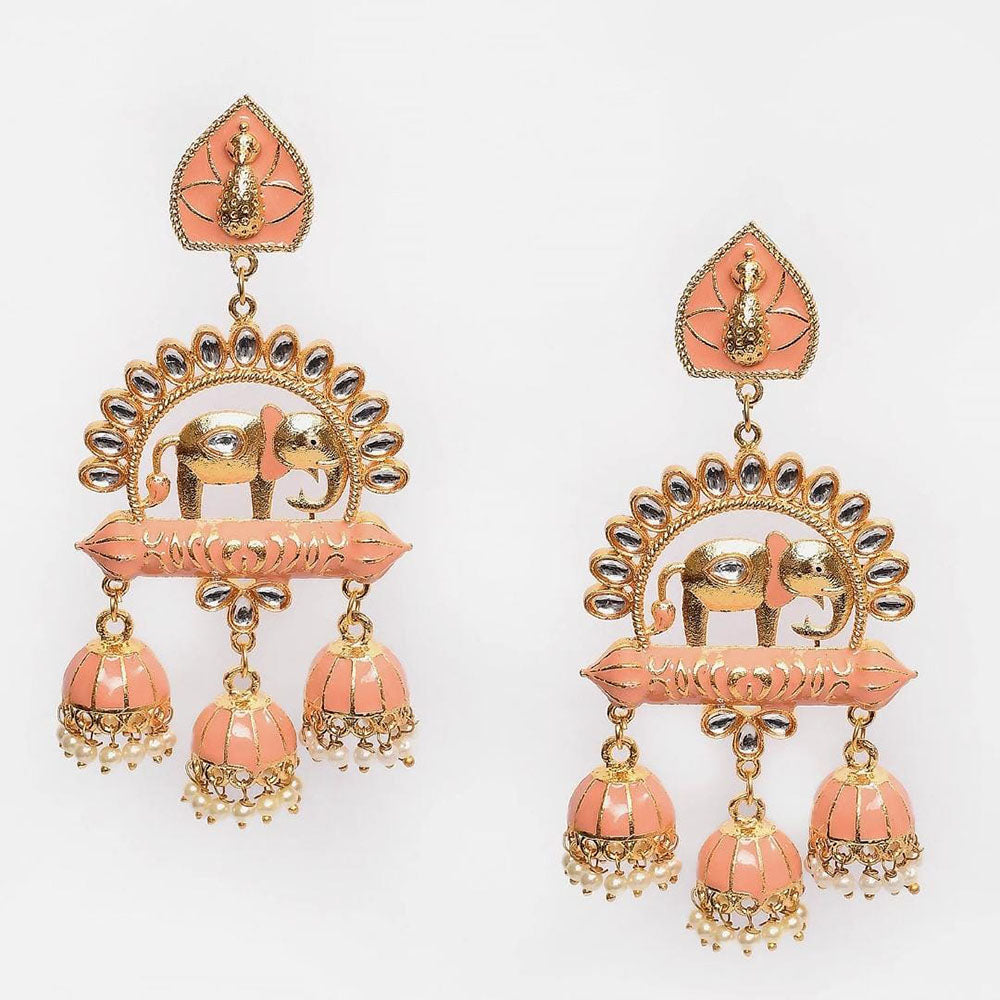 Shagna Graceful Kundan Stone And Beads Meenakari Jhumki Earrings