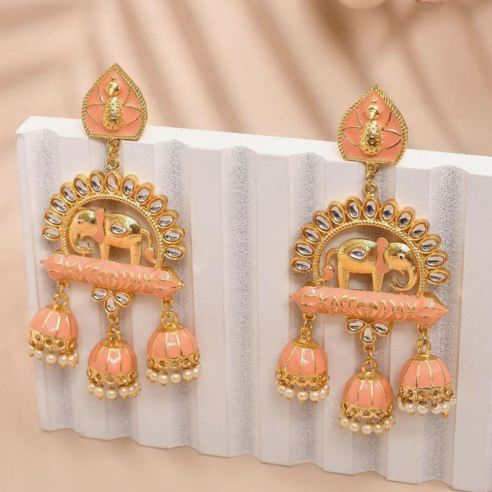Shagna Graceful Kundan Stone And Beads Meenakari Jhumki Earrings