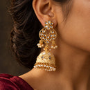 Shagna Graceful Kundan Stone And Beads Meenakari Jhumki Earrings