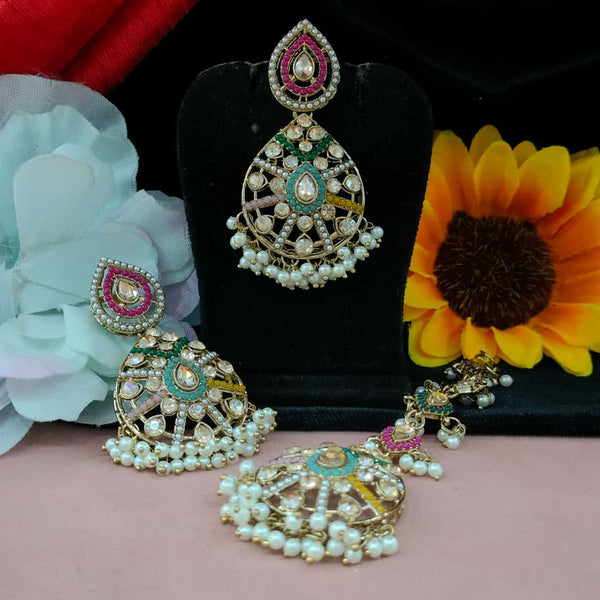 Blythediva Gold Plated Crystal Stone And Beads Dangler Earrings With Maangtikka