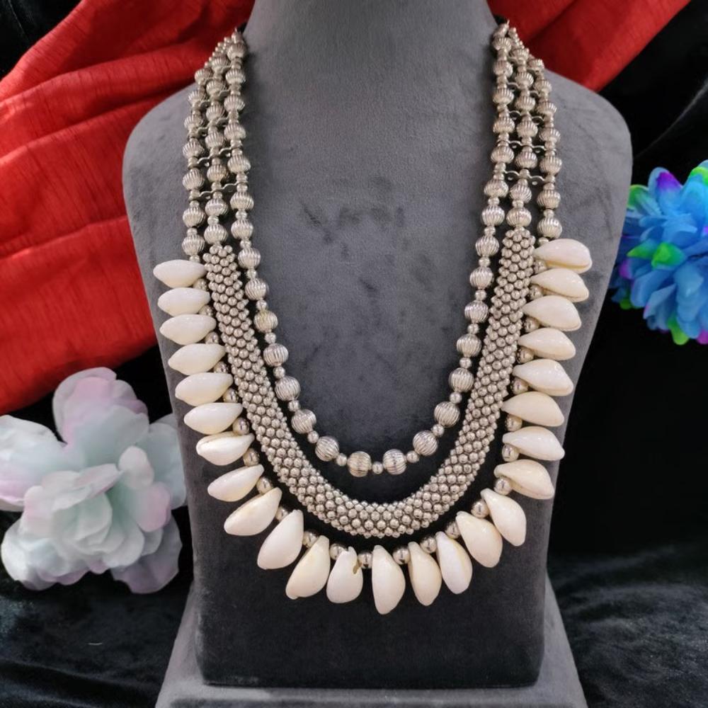 Blythediva Traditional Oxidised Plated Shell Long Necklace Set