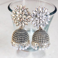 H K Fashion Silver Plated Crystal Stone Jhumki Earrings