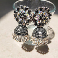 H K Fashion Oxidised Plated Pota Stone Jhumki Earrings