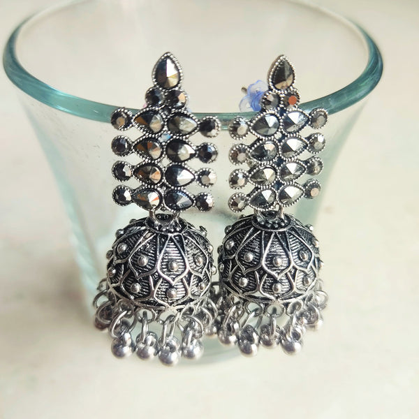 Oxidized tribal silver jhumki earrings with pearl beads - Tinklehoops