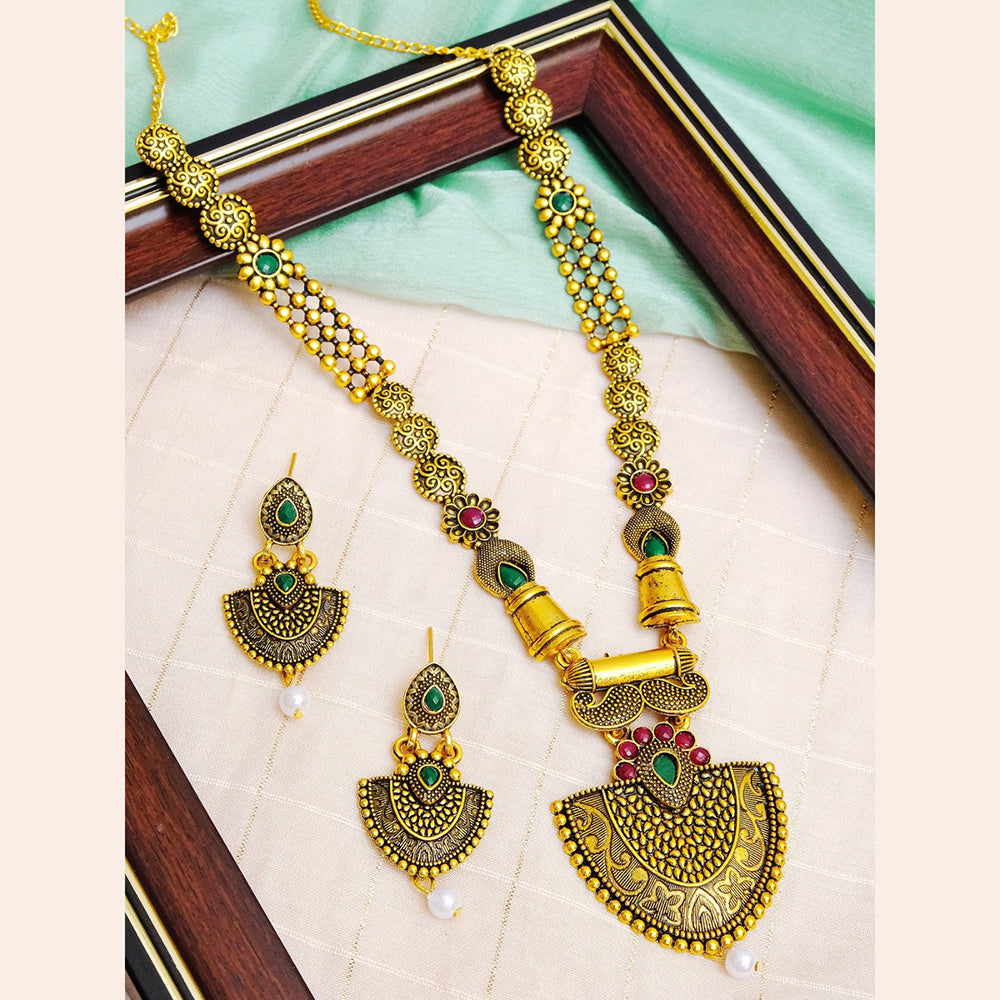 H K Fashion Gold Plated Pota Stone Long Necklace Set