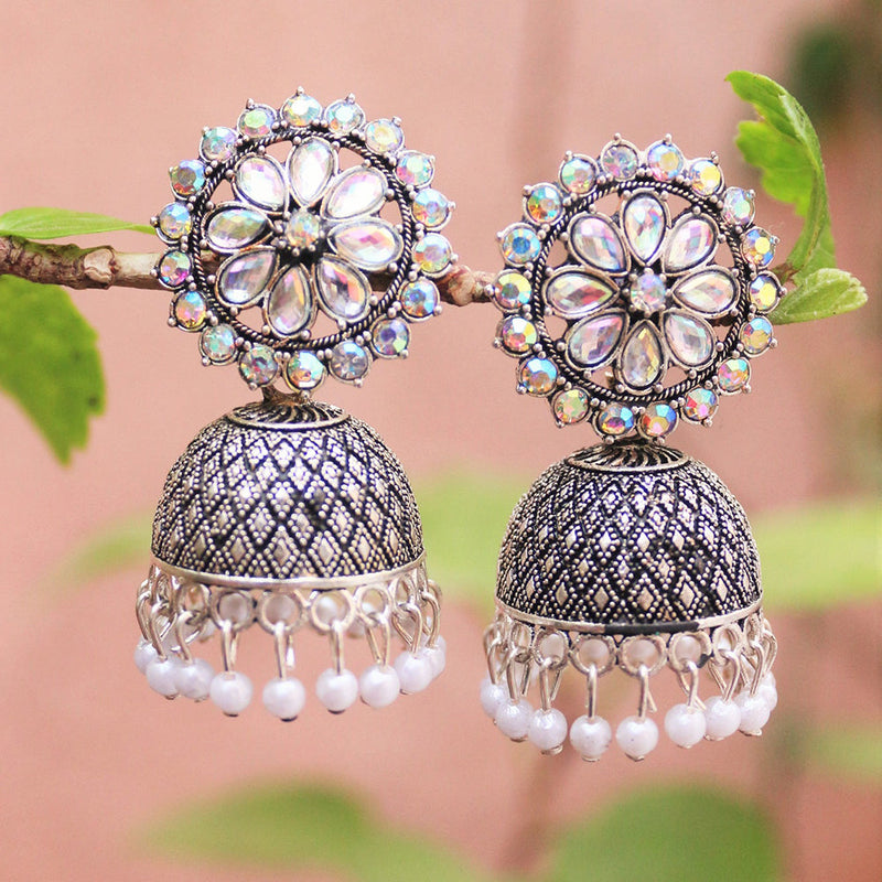 H K Fashion Oxidised Plated Austrian Stone And Beads Jhumki Earrings
