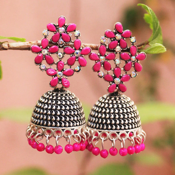 H K Fashion Oxidised Plated Pota Stone And Beads Jhumki Earrings