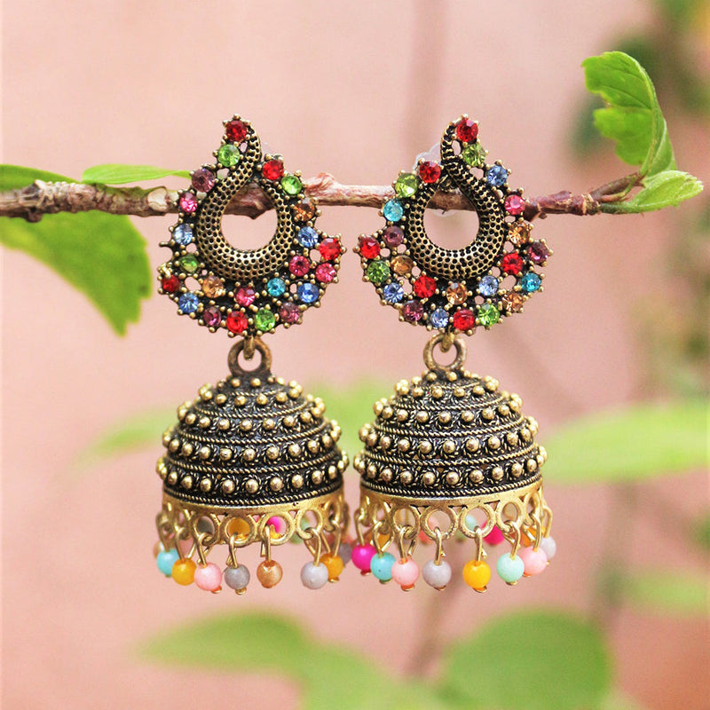 H K Fashion Antique Gold Austrian Stone And Beads Jhumki Earrings