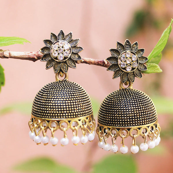 H K Fashion Antique Gold Austrian Stone And Beads Jhumki Earrings