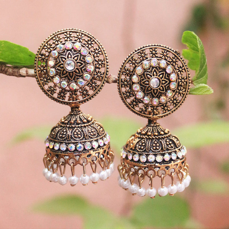 H K Fashion Antique Gold Austrian Stone And Beads Jhumki Earrings