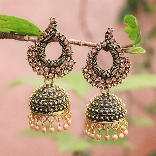 H K Fashion Antique Gold Austrian Stone And Beads Jhumki Earrings