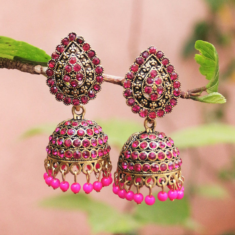 H K Fashion Antique Gold Austrian Stone And Beads Jhumki Earrings