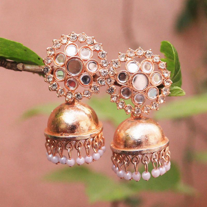 H K Fashion Rose Gold Austrian Stone And Mirror Jhumki Earrings