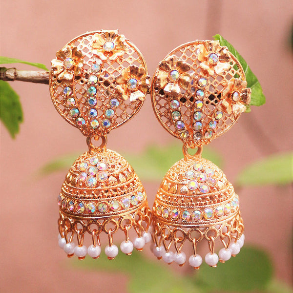 H K Fashion Rose Gold Austrian Stone And Beads Jhumki Earrings