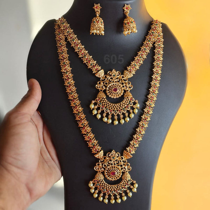 H K Fashion Gold Plated Pota  Stone Double Necklace Set