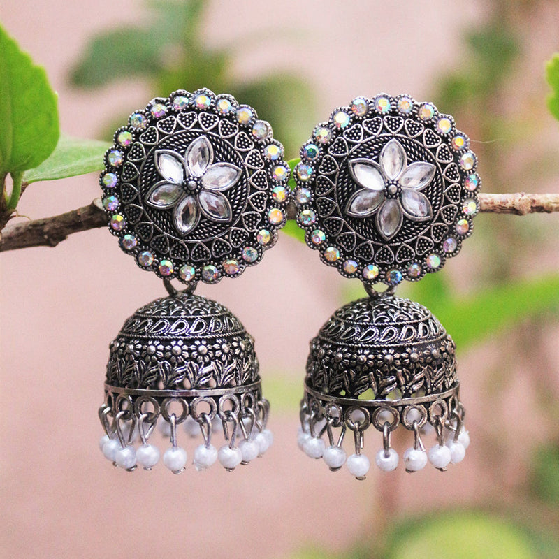 H K Fashion Oxidised Plated  Austrian Stone  Jhumki Earrings