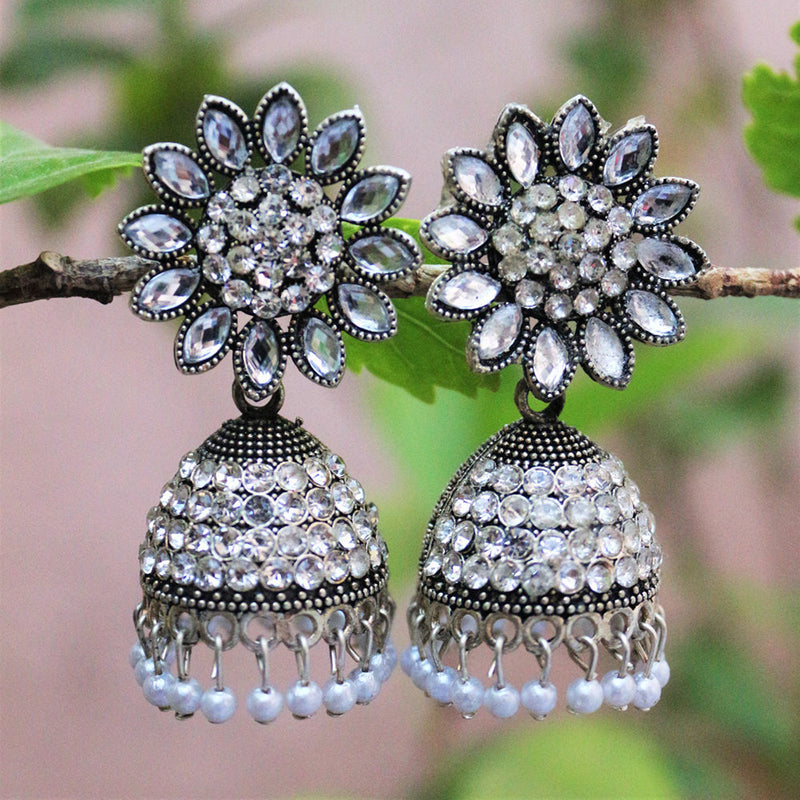 H K Fashion Oxidised Plated  Austrian Stone  Jhumki Earrings