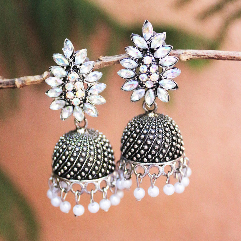 H K Fashion Oxidised Plated  Crystal Stone Jhumki Earrings