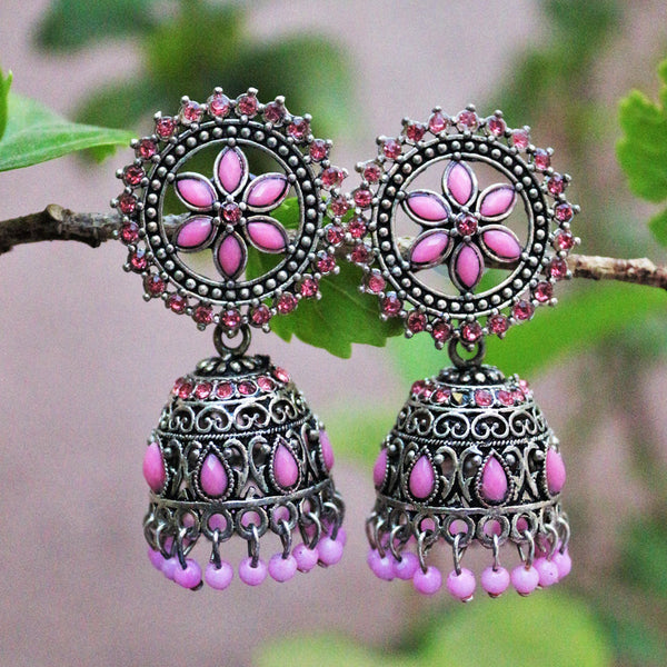 H K Fashion Oxidised Plated  Pota Stone Jhumki Earrings