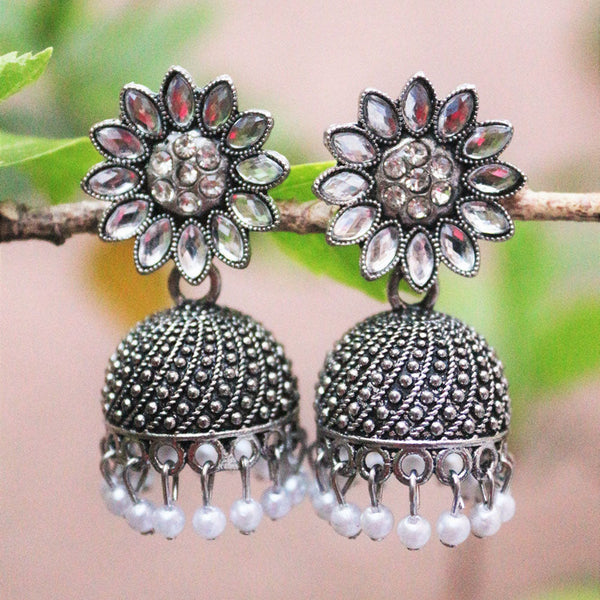 H K Fashion Oxidised Plated Austrian Stone Jhumki Earrings