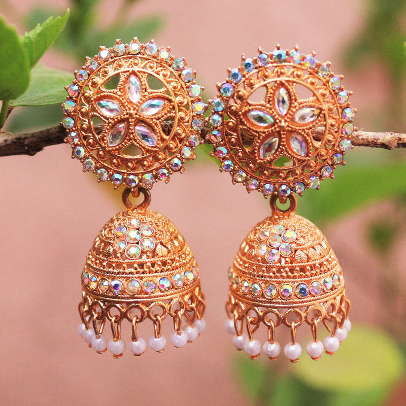 H K Fashion Rose Gold Plated Austrian Stone And Pearls Jhumki Earrings