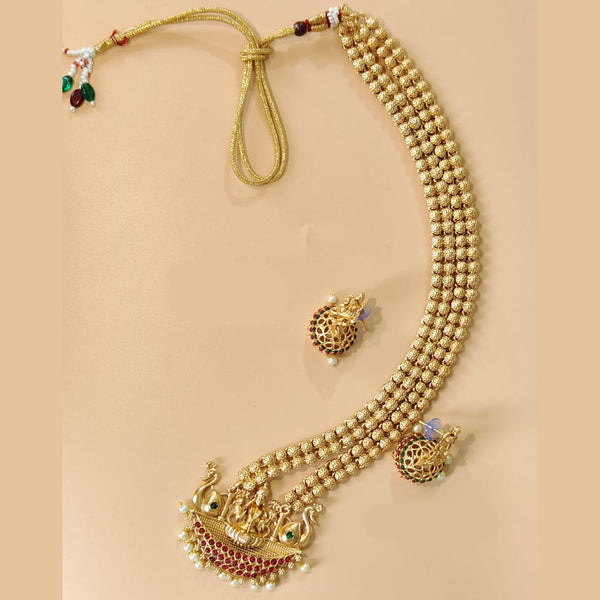 H K Fashion Gold Plated Pota Stone And Temple Long Necklace Set