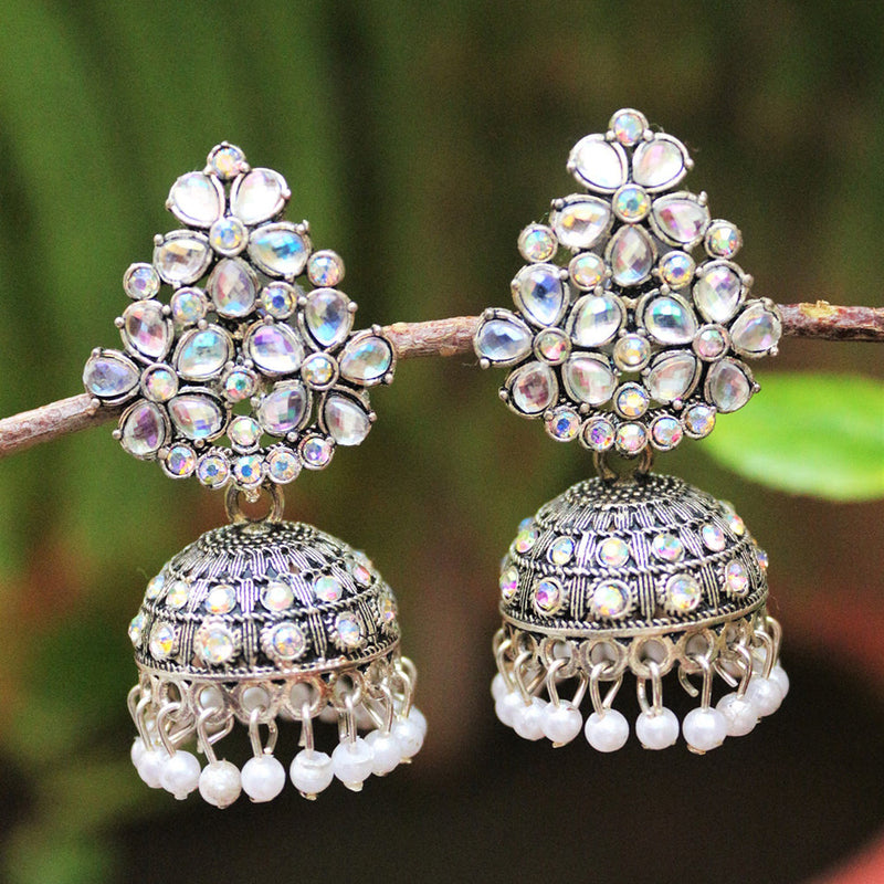 H K Fashion Oxidised Plated Austrian Stone Jhumki Earrings