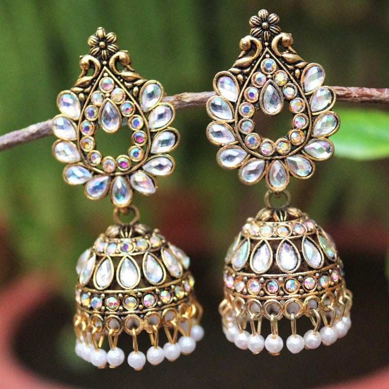 H K Fashion Antic Gold Plated Austrian Stone Pearls Jhumki Earrings