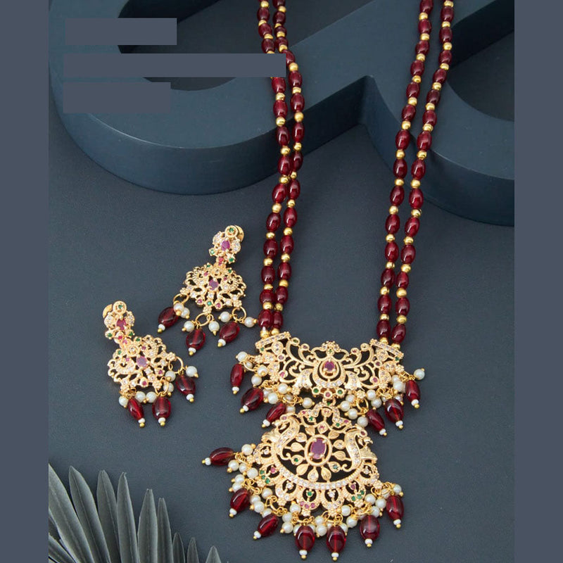 H K Fashion Gold Plated Austrian Stone And Beads Long Necklace Set