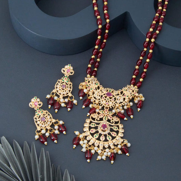 H K Fashion Gold Plated Austrian Stone And Beads Long Necklace Set