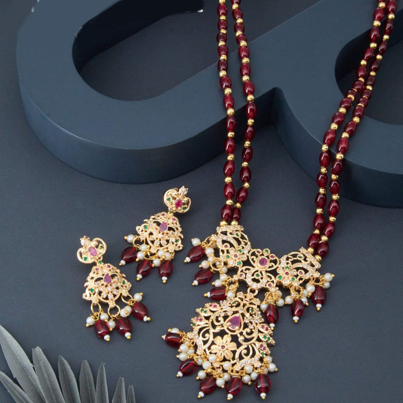 H K Fashion Gold Plated Austrian Stone And Beads Long Necklace Set