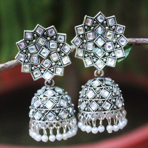 H K Fashion Oxidised Plated Austrian Stone Jhumki Earrings