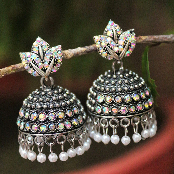 H K Fashion Oxidised Plated Austrian Stone Jhumki Earrings