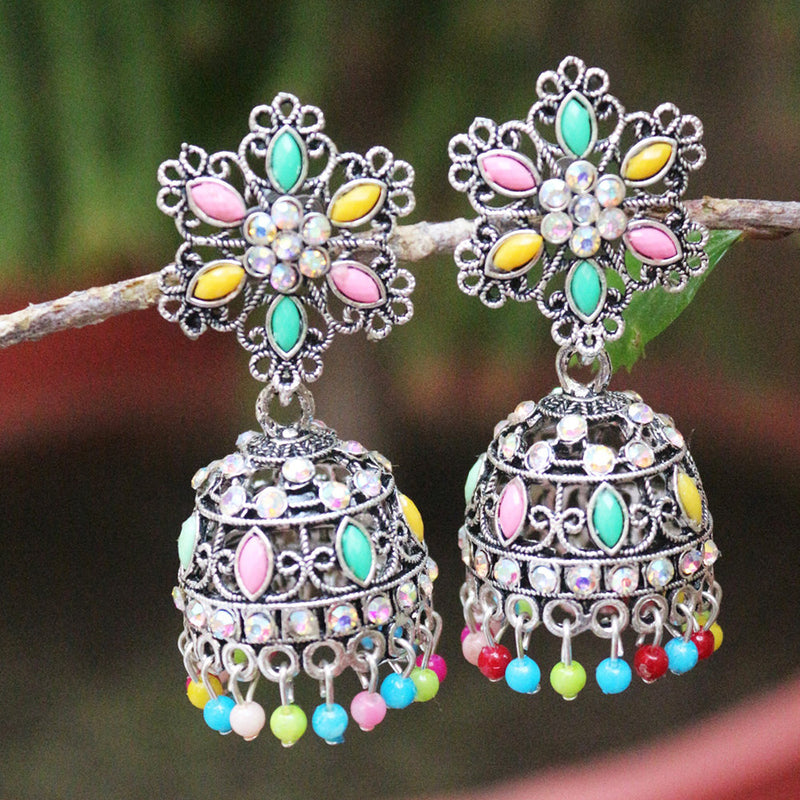 H K Fashion Oxidised Plated  Pota Stone And Beads Jhumki Earrings