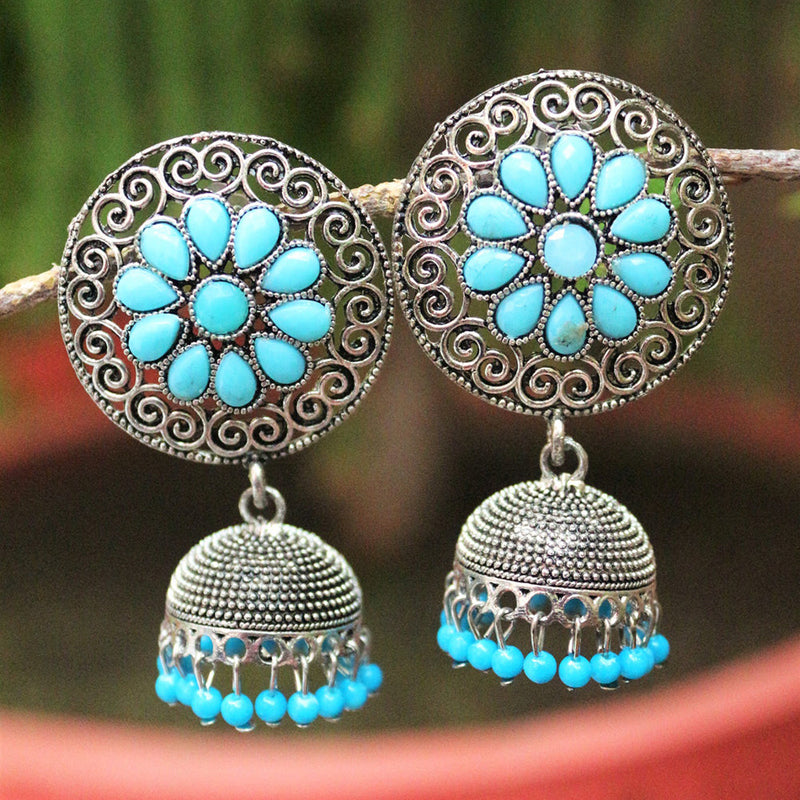 H K Fashion Oxidised Plated  Pota Stone And Beads Jhumki Earrings