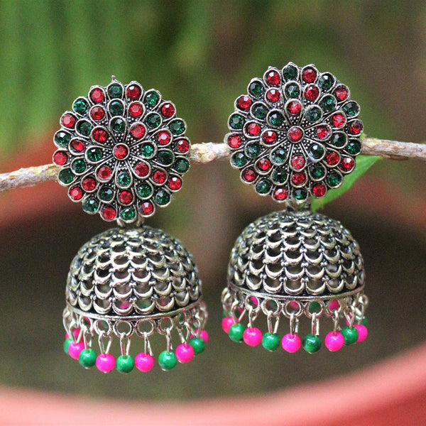 H K Fashion Oxidised Plated Austrian Stone And Beads Jhumki Earrings