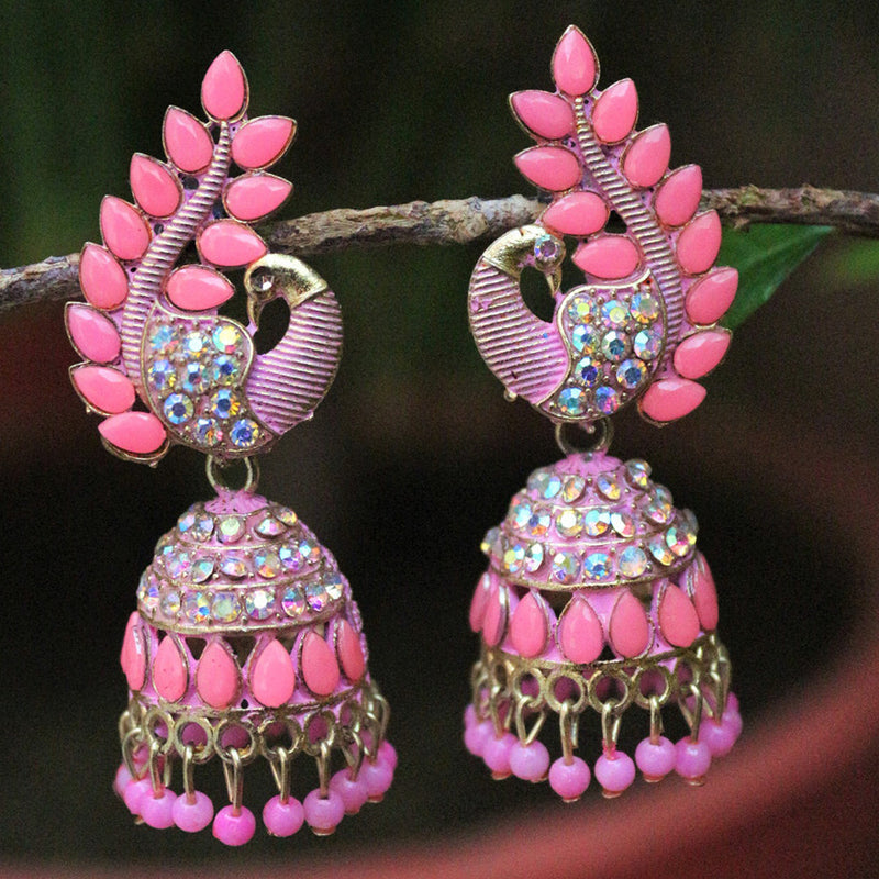 H K Fashion  Gold Plated Austrian And Pota Stone Peacock Jhumki Earrings