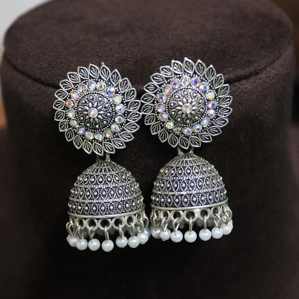 H K Fashion Oxidised Plated Austrian Stone And Pearls Jhumki Earrings