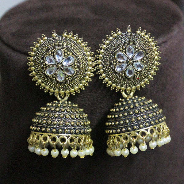 H K Fashion Gold Plated Crystal Stone And Pearls Jhumki Earrings