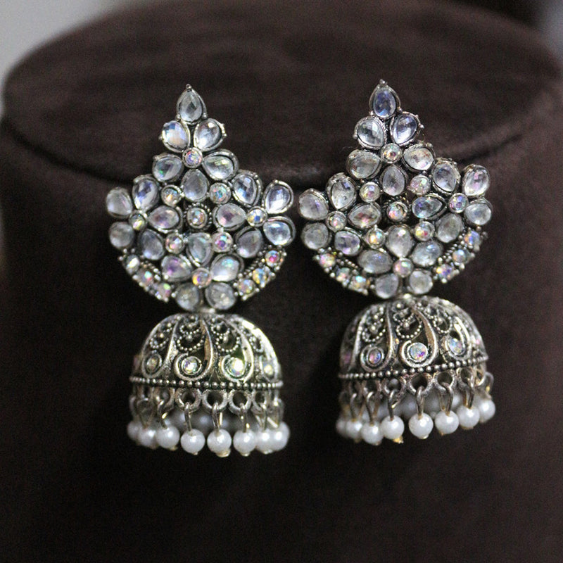 H K Fashion Oxidised Plated Crystal  Stone And Pearls Jhumki Earrings