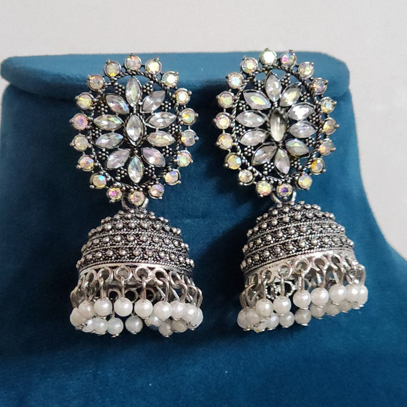 H K Fashion Oxidised Plated Crystal  Stone And Pearls Jhumki Earrings