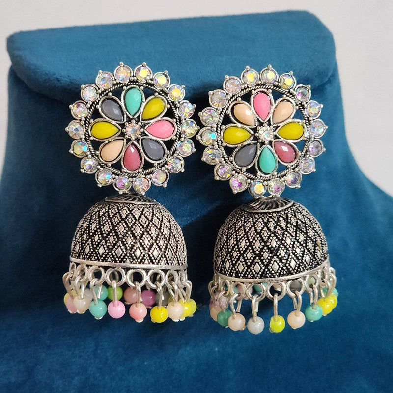 H K Fashion Oxidised Plated Crystal  Stone And Pearls Jhumki Earrings