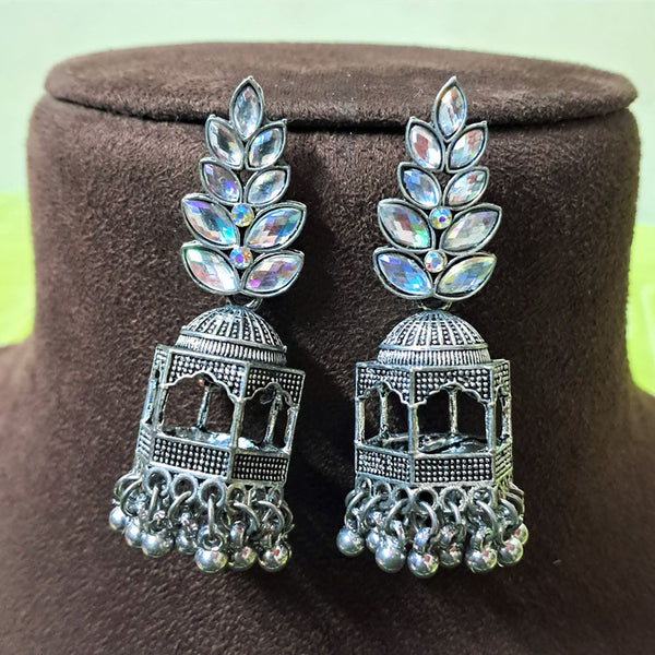 H K Fashion Oxidised Plated Crystal  Stone And Pearls Jhumki Earrings