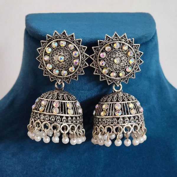 H K Fashion Oxidised Plated Austrian Stone And Pearls Jhumki Earrings