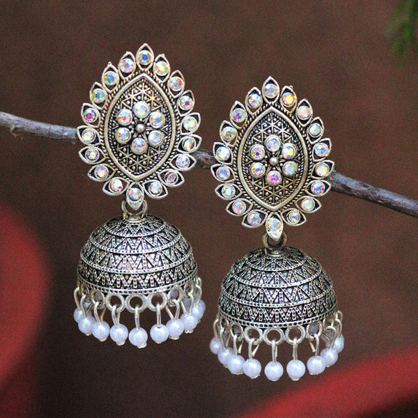 H K Fashion Oxidised Plated Austrian Stone And Pearls Jhumki Earrings