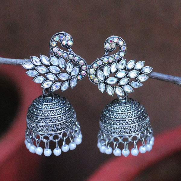 H K Fashion Oxidised Plated Crystal  Stone And Pearls Jhumki Earrings